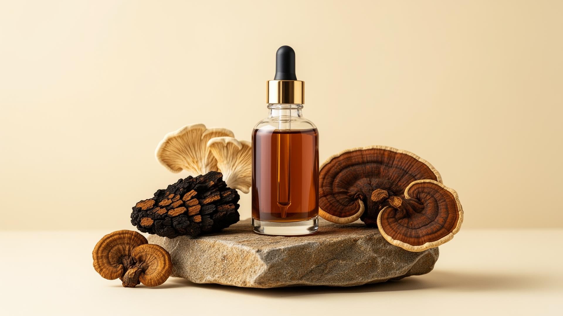 Amber dropper bottle with mushrooms for a calm evening ritual